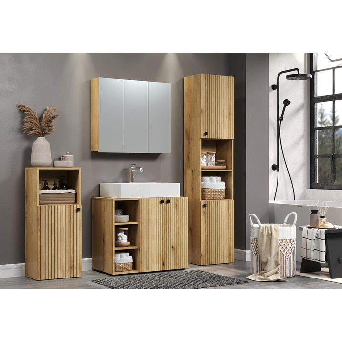 Тумба під раковину на колесахх trendteam PureBliss, 80x64x42 см, дуб Evoke, з 2 відкритими полицями та металевими ручками