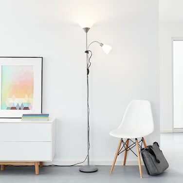 Світильник Lightbox LED торшер з читальним плафоном, тепле біле світло, метал/пластик, хром/сірий/білий, 1,8 м, лампи в комплекті та замінні, 806/400 лм, з кутовим вимикачем