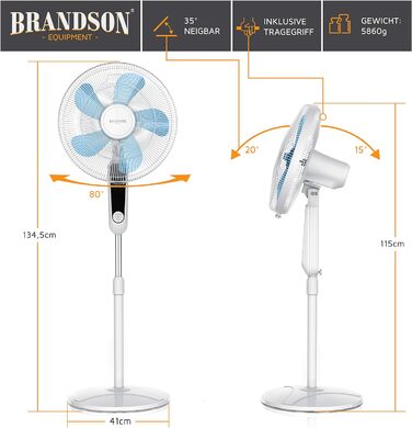 Підлоговий вентилятор Brandson DC Silent з дистанційним керуванням, LED-дисплеєм, 24 швидкостями, тихий, енергоощадний, регульована висота, нахил голови, 80° осциляція, білий
