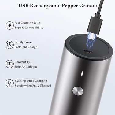 Електричні мельниці для солі та перцю TLYSXPRO 2 шт. USB, регулювання помелу, з LED-підсвіткою, чорний/білий (нержавіюча сталь)