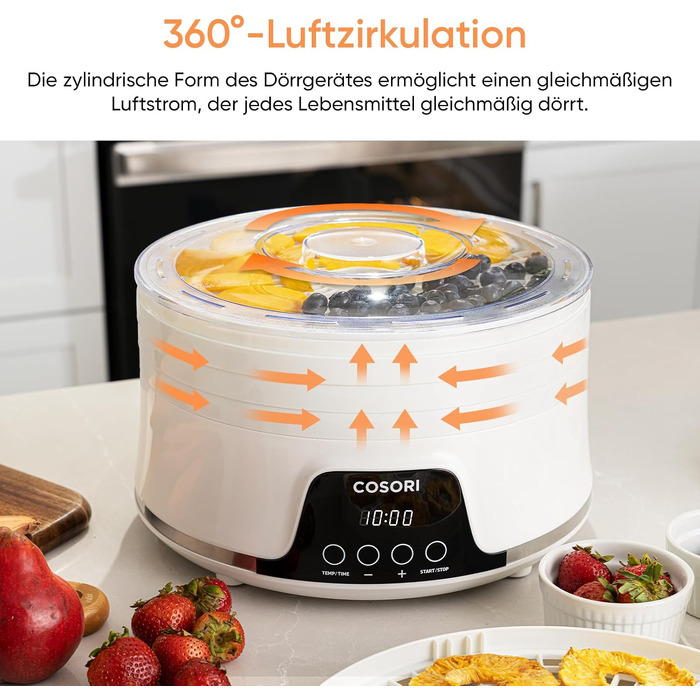 Дегідратор Cosori Food Dehydrator, сушарка для овочів та фруктів, 650 Вт, 5 лотків, таймер на 48 год, діапазон температур 35-75°C, білий