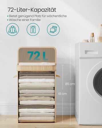 Кошик для білизни SONGMICS з кришкою, бамбуковий, знімний мішок, 72 л, ручки, натуральний беж