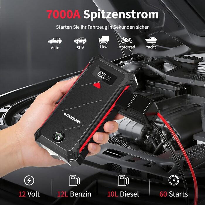 Бустер-пусковий пристрій Acmount P110 7000A Jump Starter для авто, SUV, мотоциклів та газонокосарок (бензин до 12л, дизель до 10л) з LED-ліхтарем, компасом та аварійним молотком, червоний