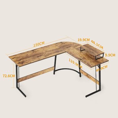Кутовий письмовий стіл CubiCubi 150x120 см, L-подібний комп'ютерний стіл для офісу з моніторною підставкою та шухлядами, компактний, коричневий