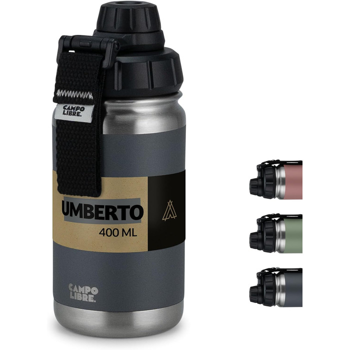 Термос пляшка Campo Libre Umberto I Premium, 400 мл, нержавіюча сталь, ізотермічна, для газованої води, герметична, підходить для миття в посудомийці, колір Deep Grey