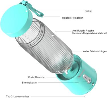 DENOKIN Портативний блендер для смузі та коктейлів з USB-C зарядкою, 450 мл (Синій)