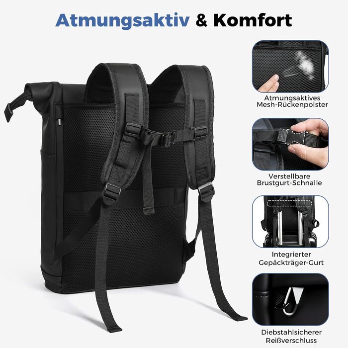 Водонепроникний рюкзак для ноутбука Rolltop (18-25 л), чорний, розмір L (30x13x48 см)