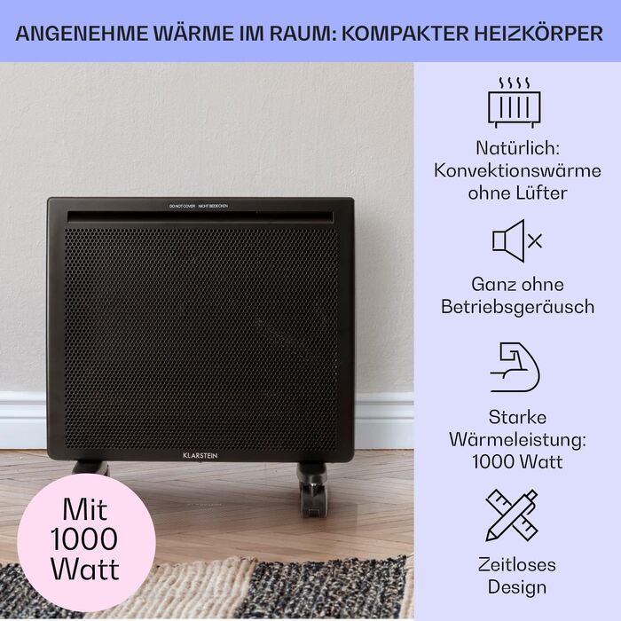 Електрообігрівач Klarstein Hot Spot Slimcurve Double 2-в-1, конвекційний та інфрачервоний, 1000 Вт, чорний, захист від перегріву, тижневий таймер, настінний або підлоговий монтаж, сталевий корпус