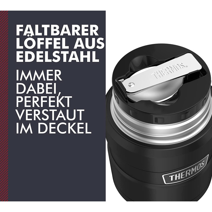 Термос для їжі Thermos STAINLESS KING 470 мл, чорний матовий, з ложкою, нержавіюча сталь, зберігає тепло 6 годин/холод 24 години, герметичний, для супу, мюслі, підходить для посудомийної машини