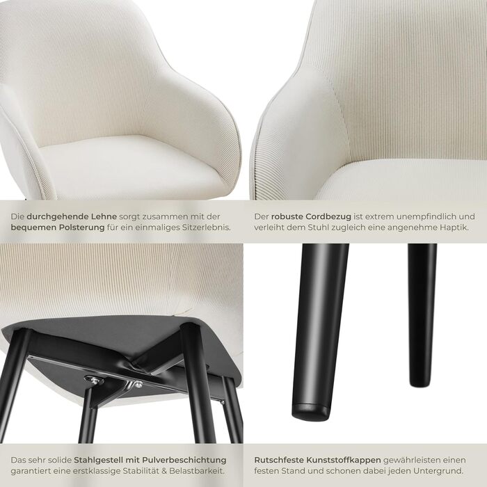 Тектейк® 4X Крісло для їдальні з підлокітниками, оббивка Cord, Lounge-крісло, для вітальні, кухні, офісу - (Набір 6 шт., Кремовий/Чорний)