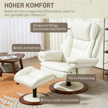 HOMCOM Крісло для телевізора з табуреткою, Крісло для телевізора з функцією відкидання, Поворотне крісло під телевізор з дерев'яною основою, Крісло з відкидною спинкою до 150 кг з навантаженням для вітальні, Штучна шкіра, Кремово-білий