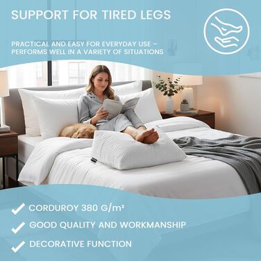Подушка для спини DreamRoots клиноподібна для ліжка та дивана, регульована, з кишенею, знімний чохол з корду 70x40x20 см, світло-сіра