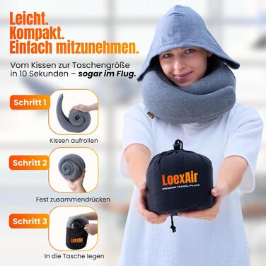 Подорожня подушка для шиї з капюшоном з ефектом пам'яті (Memory Foam) для літака, авто та поїздок, 100% бавовна, світло-сіра (Hooded Pro)
