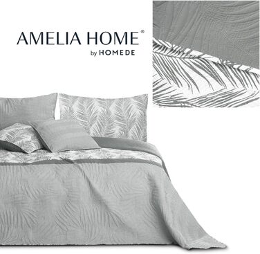 Покривало AmeliaHome Tropical Bonaire 260x280 см, двостороннє, стьобане, легкий догляд, рослинний візерунок, сірий/білий