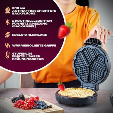 Вафельниця Bomann WA 1365 CB, 1000 Вт, антипригарне покриття, сердечка, регулювання підсмажування, індикатор готовності, нерж. сталь, Ø18 см