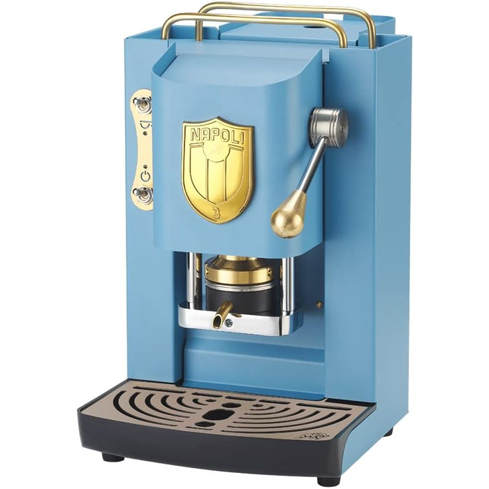 Кавоварка FABER Pro Deluxe Scudetto для ESE-подушок 44 мм, бірюзова з латунним оздобленням, прес для кавових підушок з латуні, логотип Napoli Campione золотий