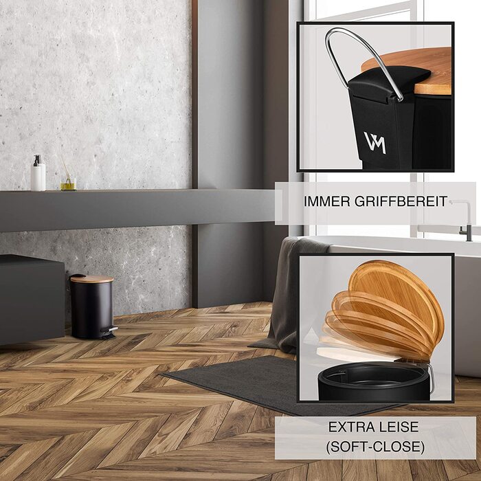 Косметичний відро для сміття VMbathrooms 3 л, чорний матовий, з бамбуковою кришкою, педальний, з м'яким закриванням, для ванної кімнати