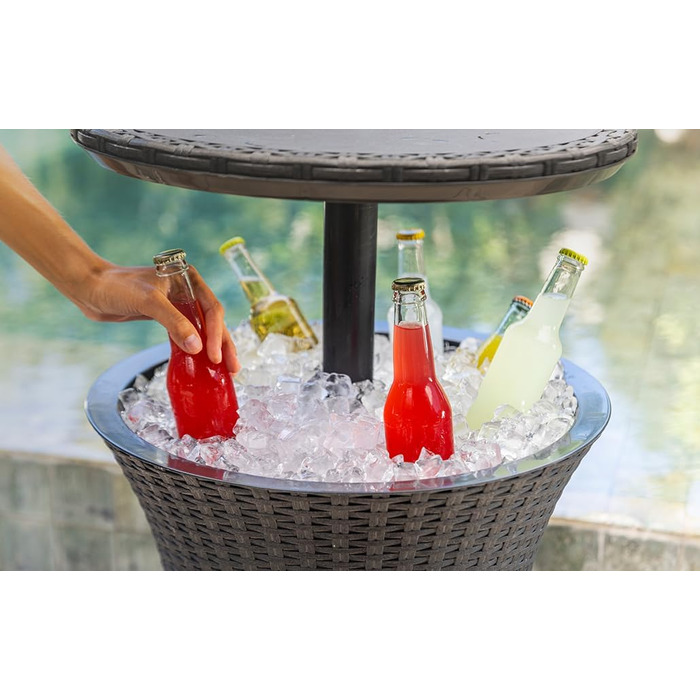 Столик для коктейлів Keter Pacific Cool Bar 3-в-1: столик, кофейний столик та холодильник для відпочинку на відкритому повітрі, ротанговий дизайн, стійкий до УФ та погодних умов, антрацит, об'єм холодильника 30л