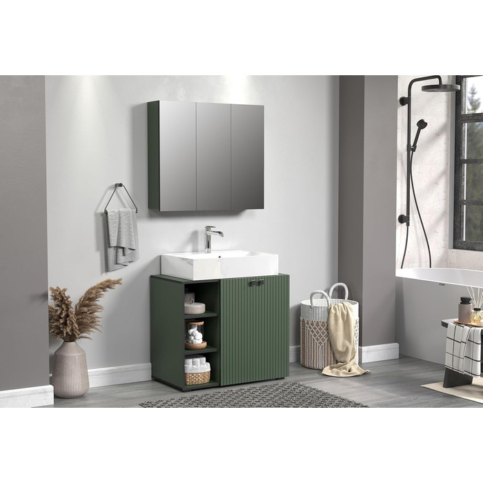 Тумба під раковину на колесах PureBliss від trendteam smart living, 80x64x42 см, зелена — з 2 відкритими полицями, стійка до подряпин, металеві ручки
