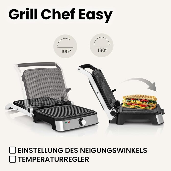 Електрогриль-тостер ZEEGMA Grill Chef Easy 2-в-1, 2000 Вт, керамічне антипригарне покриття, регульована температура та кут нахилу, можна мити в посудомийній машині