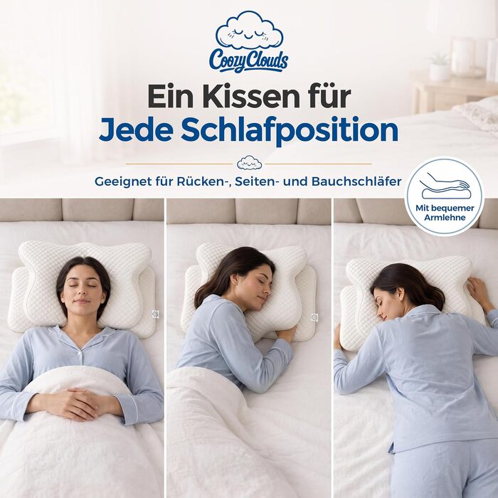 Ортопедична подушка для шиї та голови з ефектом пам'яті (Memory Foam) у формі метелика, ергономічна подушка для сну на боці та спині зі знімним чохлом, колір Alpine White