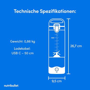 Портативний блендер nutribullet 475 мл, білий, USB-C, BPA Free, багатофункціональний міксер