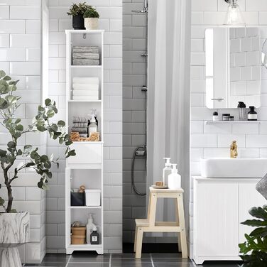 SoBuy BZR110-W шафа для білизни з висувним кошиком і шухлядою, білий, 40x86x39 см, меблі для ванної кімнати