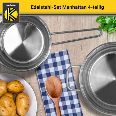 Набір каструль Krüger Manhattan з нержавіючої сталі, 4 предмети: 3 каструлі та сотейник зі скляною кришкою, термодно, зливний край