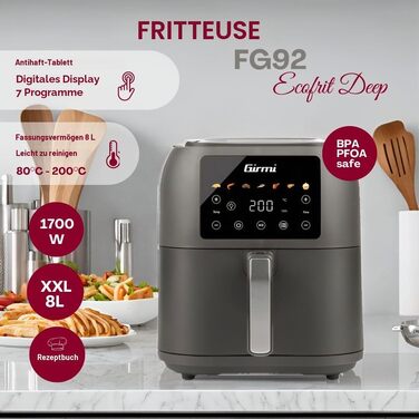 Аерофритюрниця Girmi FG92 Ecofrit Deep XXL 8л, 1700 Вт, цифрова панель керування, 7 програм, антипригарне покриття, матово-сіра