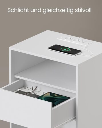 VASAGLE Набір із 2 приліжкових тумб з USB, сучасні тумби з шухлядою, швидке складання без інструментів, матово-білі, для спальні і вітальні