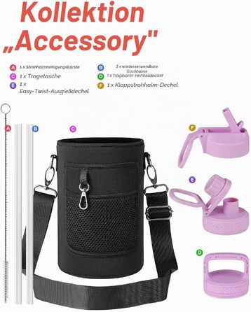 Термобутилка Coolflask 2Л зі сталею, трубою та 3 кришками, вакуумний ізольований спорт-флакон для води та офісу, герметична, рожева (1893 мл)