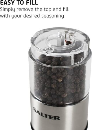 Електричні млини для солі та перцю Salter 7722, нержавіюча сталь, BPA-free, регульований помел, LED-підсвітка, просте наповнення, 60 г солі/30 г перцю