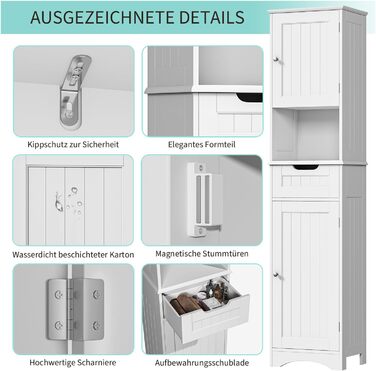Висока шафа для ванної Bealife 170x40x30 см, біла, з регульованими полицями, відкритою нішею, шухлядою та дверцятами для ванної кімнати, вітальні, спальні