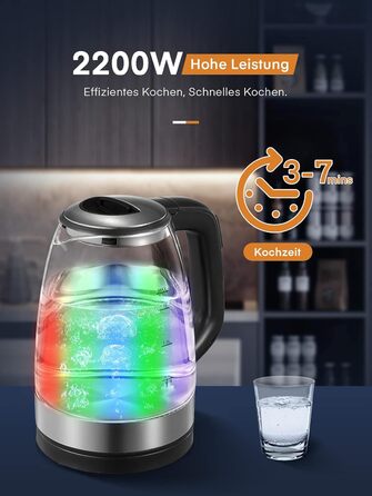 Електрочайник FOHERE з регулюванням температури, 1.7 л, скляний, 2200 Вт, LED-підсвітка, 5 температурних режимів (50–100°C), функція підтримки тепла, нержавіюча сталь, BPA-free