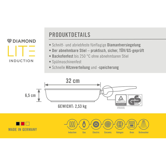 Сковорода Woll Diamond Lite 32 см з високими бортами, знімна ручка, алюмінієвий литий корпус, антипригарне покриття, для всіх плит, індукція, духовка, антрацит