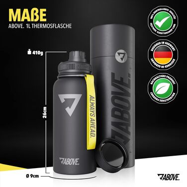 Термозбуля ABOVE з нержавіючої сталі 1л, вакуумний термос для спорту та outdoor, чорна, BPA-free, зберігає тепло до 12г та холод до 24г, герметична