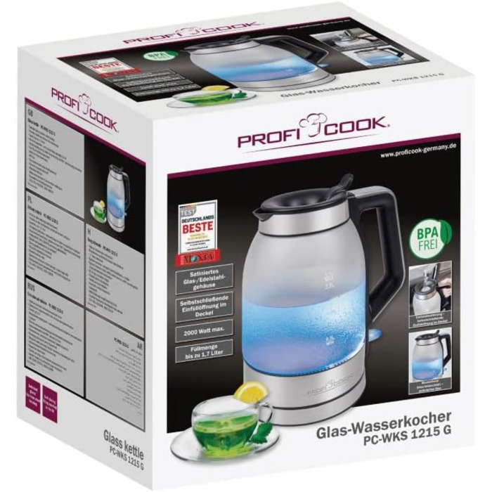 Електричний чайник ProfiCook 1,7 л, скляний, з підсвіткою, BPA-free, 2200 Вт