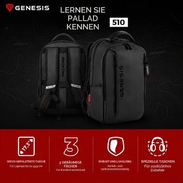 Рюкзак для ноутбука Genesis Pallad 550, 17.3 дюймів, 24 л, 19 кишень, чорний