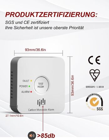 Детектор чадного газу (CO) з LCD-дисплеєм та батареєю на 10 років, стандарт EN50291, датчик Kohlenmonoxid-Warner Tcs0101a