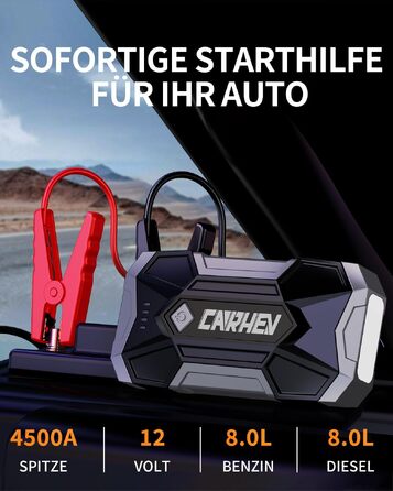 Бустер CARHEV Jump Starter 4500A — Пусковий пристрій для автомобіля (бензин/дизель до 8.0л), Powerbank з LED-ліхтарем та USB-портами