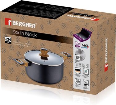 Каструля BERGNER Earth Black 24 см, алюмінієва з антипригарним покриттям, дерев'яна ручка, для індукції та всіх типів плит, з кришкою, чорна
