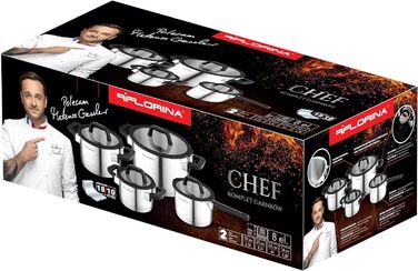 Набір каструль FLORINA CHEF 8 предметів з нержавіючої сталі, багатофункціональні кришки, мірний стакан, 5-шаровий дно, підходить для індукції, газу, електроплити, можна мити в посудомийній машині