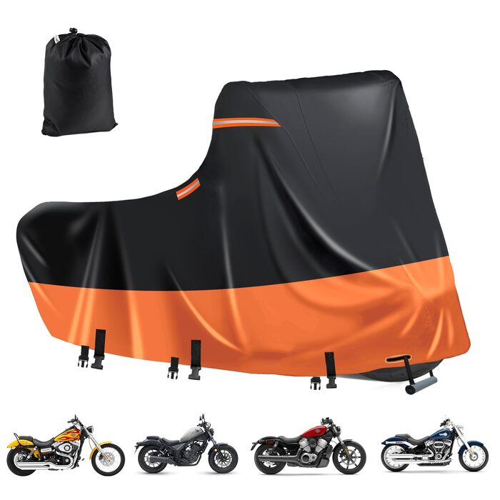Водонепроникний чохол для мотоцикла Touring з кофрами, 600D Oxford, з відбивними смугами та вентиляцією, чорно-помаранчевий, розмір 3XL (276x111x142 см)