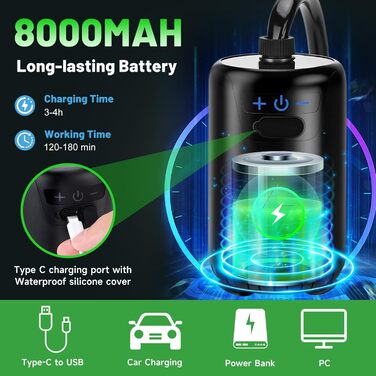 Портативна кемпінгова душ з насосом, акумулятор 8000mAh, LED-дисплей, водонепроникність IPX7, для кемпінгу, походів, подорожей