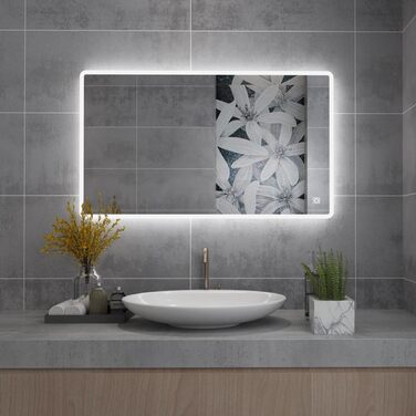 Дзеркало для ванної кімнати MIQU LED 60x50 см з підсвічуванням, тепле/холодне світло, диммування, антизапар, сенсорне управління, прямокутне