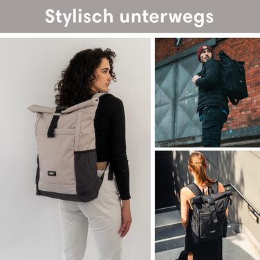 Жіночий рюкзак LARKSON Rolltop No 2, великий, водостійкий, антивандальний, для школи, університету, роботи, велосипеду, відсік для ноутбука 16'', еко-матеріал, бежево-сірий