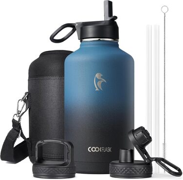 Термобутилка Coolflask 2Л зі сталі нержавіюючої з соломинкою та 3 кришками, вакуумний ізольований спорт-флакон для води та офісу, герметична, колір Indigo Black