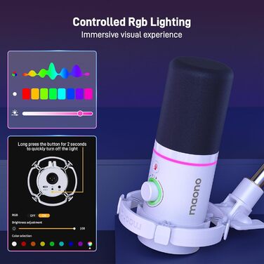 MAONO XLR/USB динамічний мікрофон для подкастів, RGB підсвітка, з програмним забезпеченням, кнопка вимкнення звуку, регулятор гучності, підвіс для стрімінгу, ігор, озвучення, запису, PD200XS, білий