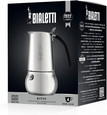 Кавоварка Bialetti Kitty на 4 чашки, 200 мл, з нержавіючої сталі, для всіх плит, окрім індукції, срібляста