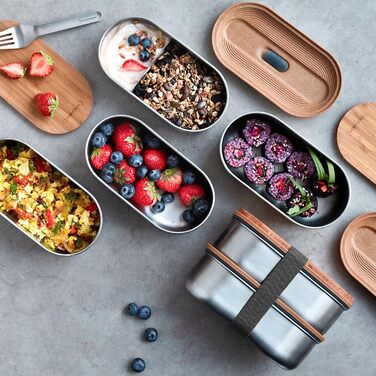 Ланч-бокс Bento BLACK+BLUM з нержавіючої сталі та бамбуковою кришкою, 2x500 мл, герметичний, з вилкою, розділювачем і обробною дошкою, Sara Kiyo Popowa Edition, для дорослих